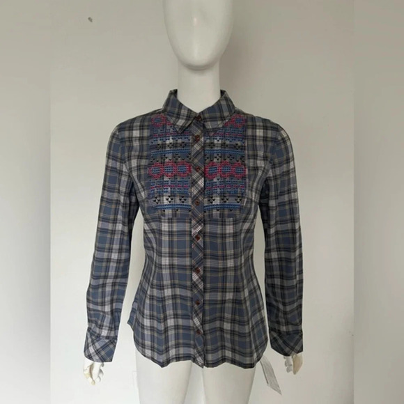 White Chocolate Women Blue Long Sleeve Button Down Plaid Shirt Sz M NWT - Picture 1 of 8